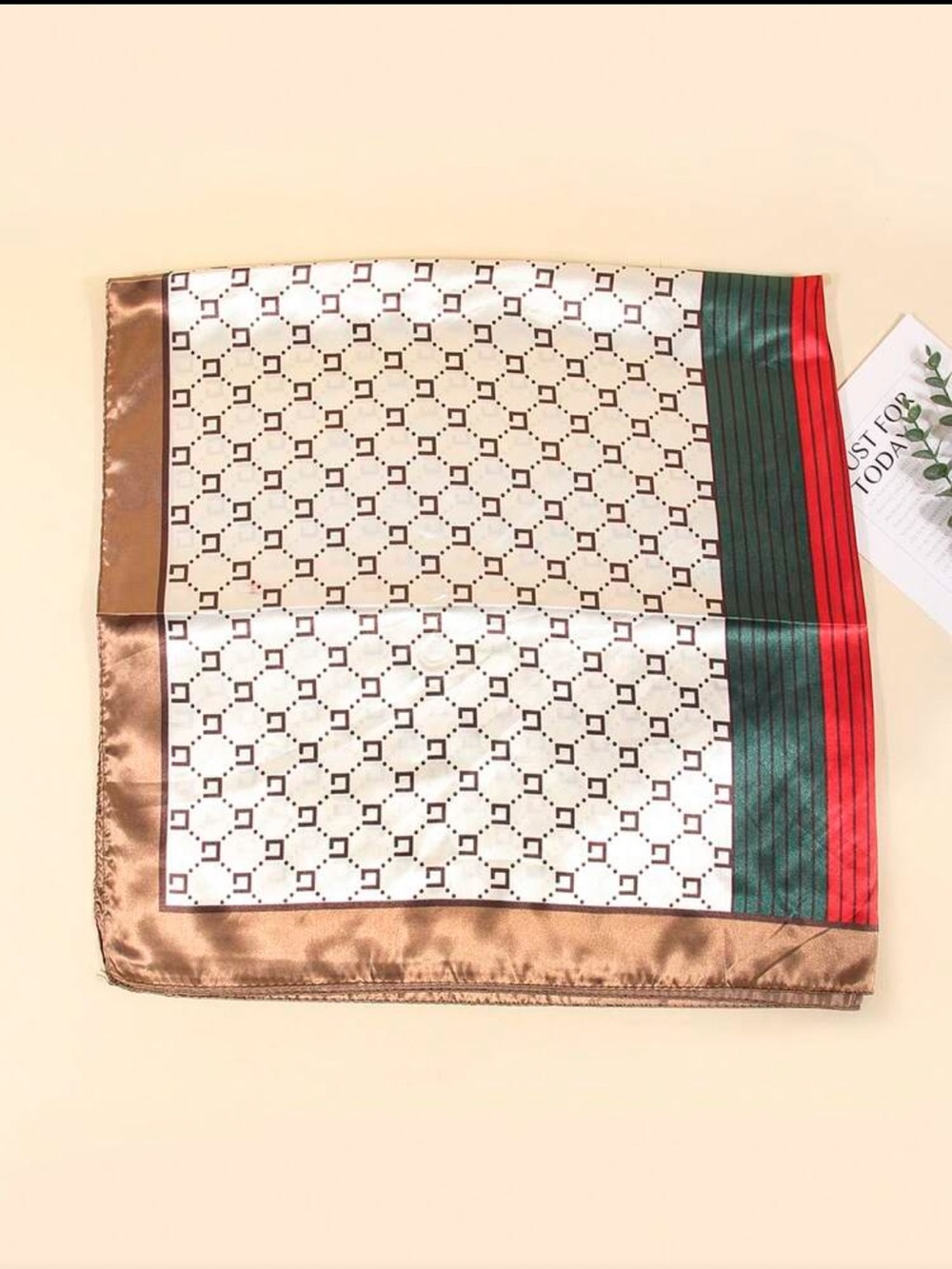 Silky Like Geometric Pattern Headscarf in Khaki and Brown nwt - Picture 3 of 5